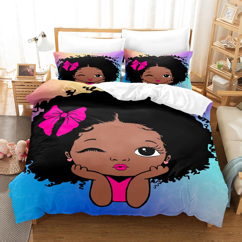 

Bed Three-Piece Cartoon Black Girl 3D Digital Printing Kit Can Be Determined cover 90 * 190 and 50 * 75 * 1
