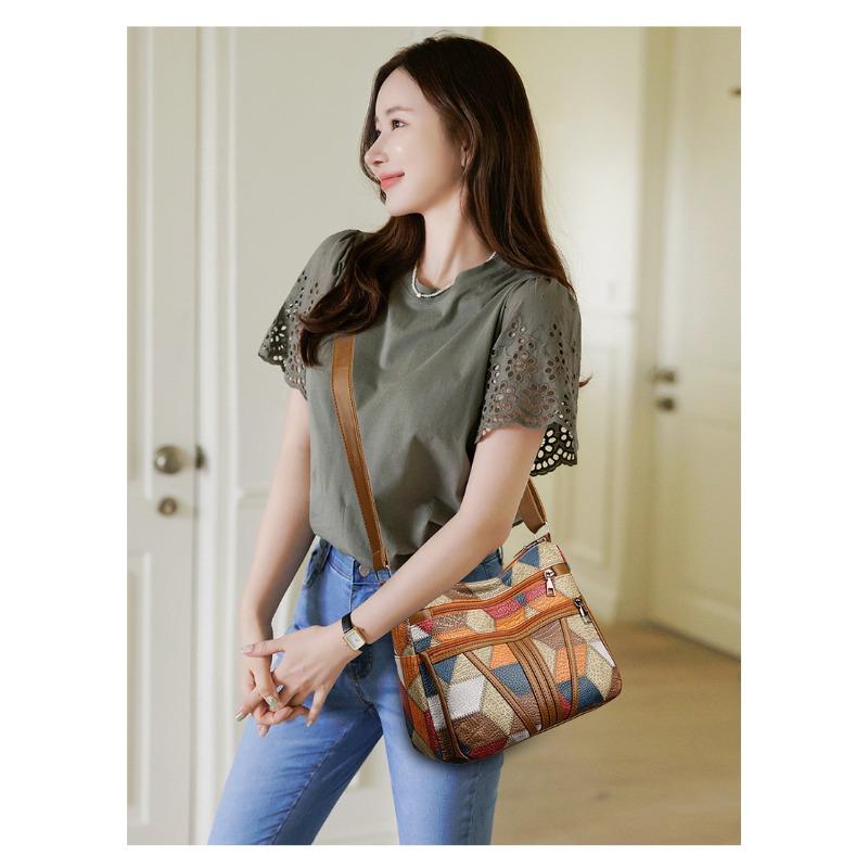 New Middle-Aged Mom Crossbody Bag Patchwork Color-Block Fashion Vintage Multi-Compartment Large Capacity Commuter Shoulder Bag