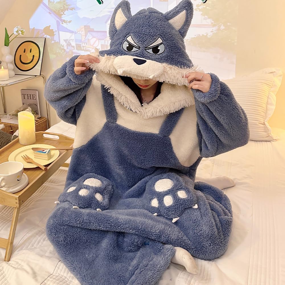 MTKCNTL Winter Fluffy Wolf Costume with Warm Flannel and Fleece Long Cute Gift Women's All-in-One Pajamas, Thick, Hood, Lining, Unisex, Sleeves, (Size