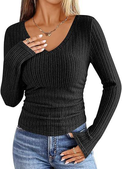 Women Solid V Neck Slim Fit Long Sleeve Ribbed T Shirt S