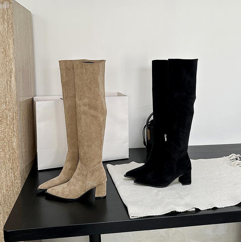 

Женские высокие сапоги 2025 осень и зима новая модель высокий каблук толстый каблук квадратный носок широкое голенище сапоги с голенищем гармошкой высокие до колена сапоги-рыцари 40 хаки