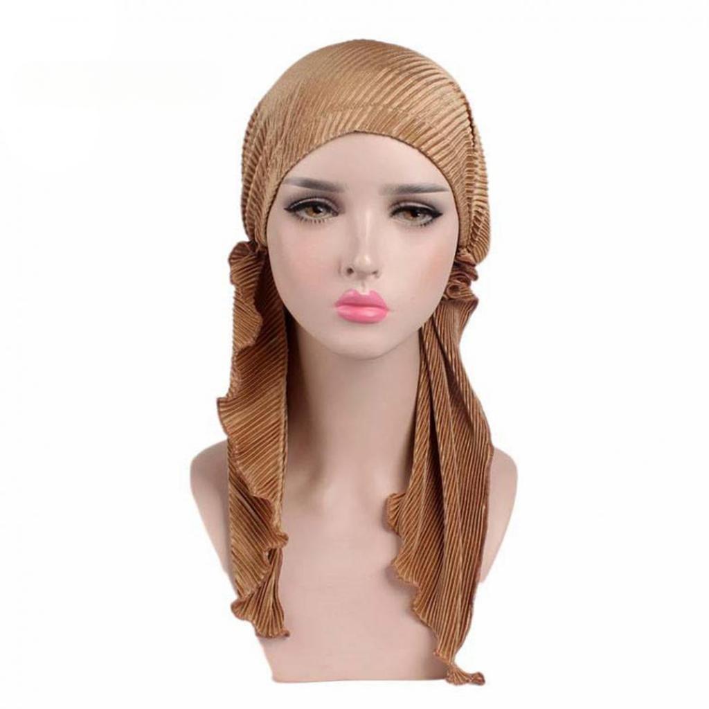 Fashion Women Wrinkle Long Turban Head Wrap Chemo Hat Beanie Muslin Hijab Girls Hats