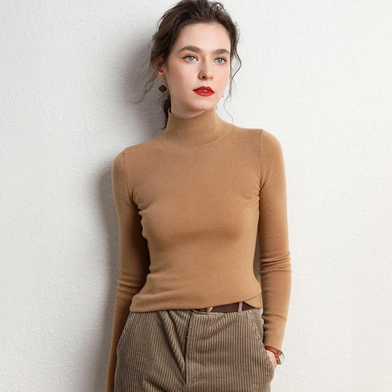 

Женский кашемировый свитер облегающего кроя с полувысоким воротником на 68 петель для осени-зимы Large верблюд/золотистый