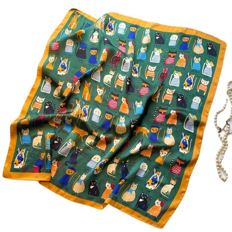 New Women's Cute Kitten Faux Silk Scarf - 70cm Square Shawl, Thin and Lightweight