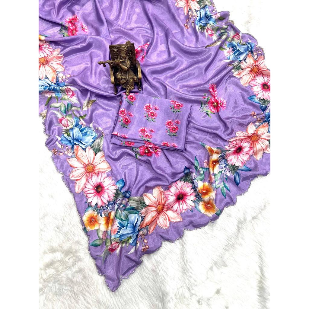 Soft Chinon silk saree floral digital print with beautiful handwork and hand work with cut-work  border