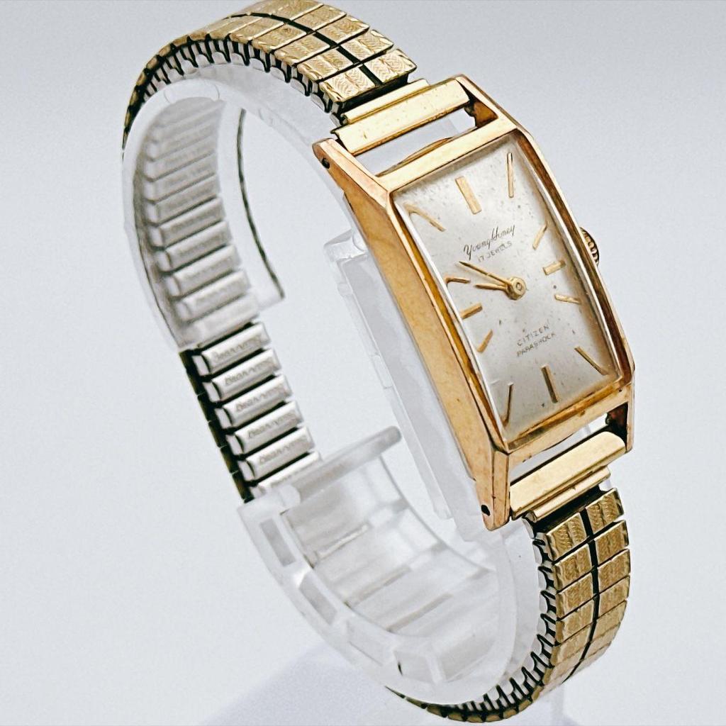 Used vintage CITIZEN PARASHOCK ladies watch bracelet watch gold rectangular 17 jewels 60s