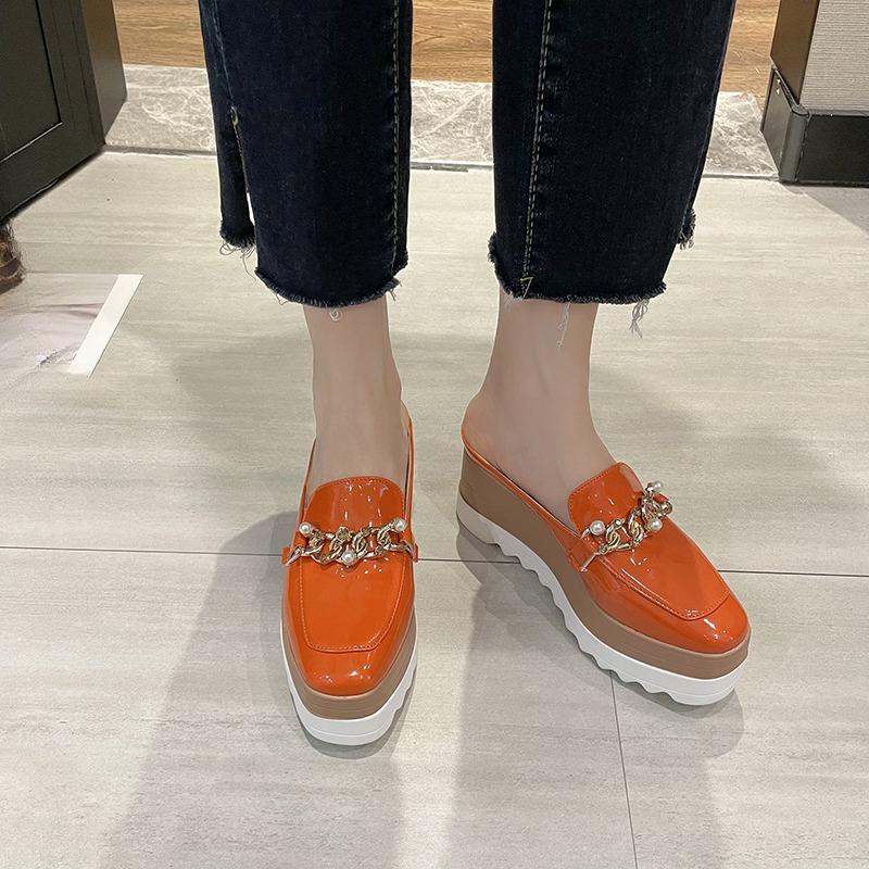 Patent Leather Semi-Slip Women's Square Toe Deep Mouth Pearl Metal Rear Low Non-Slip Wear-Resistant Wedge