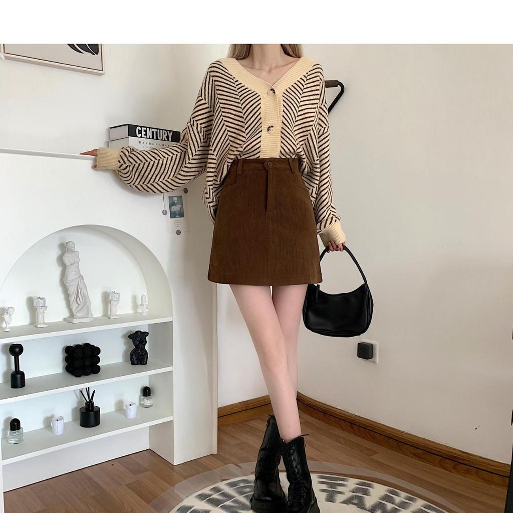 2023 Women's High Waist Brown Corduroy A-Line Skirt - Autumn/Winter Slim Fit for Petite Figures