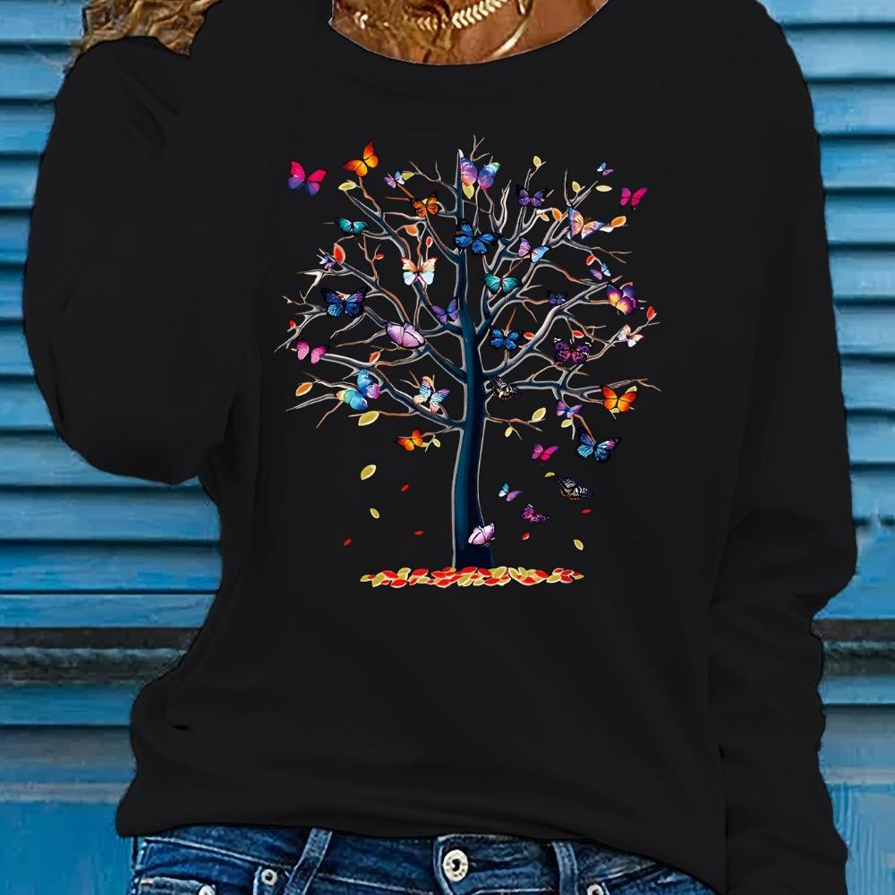 Women'S Cotton Long Sleeve T-Shirt Leaf and Birds Casual Top Fall Winter Fashion Ladies T Shirts Clothing Artistic Print Tee