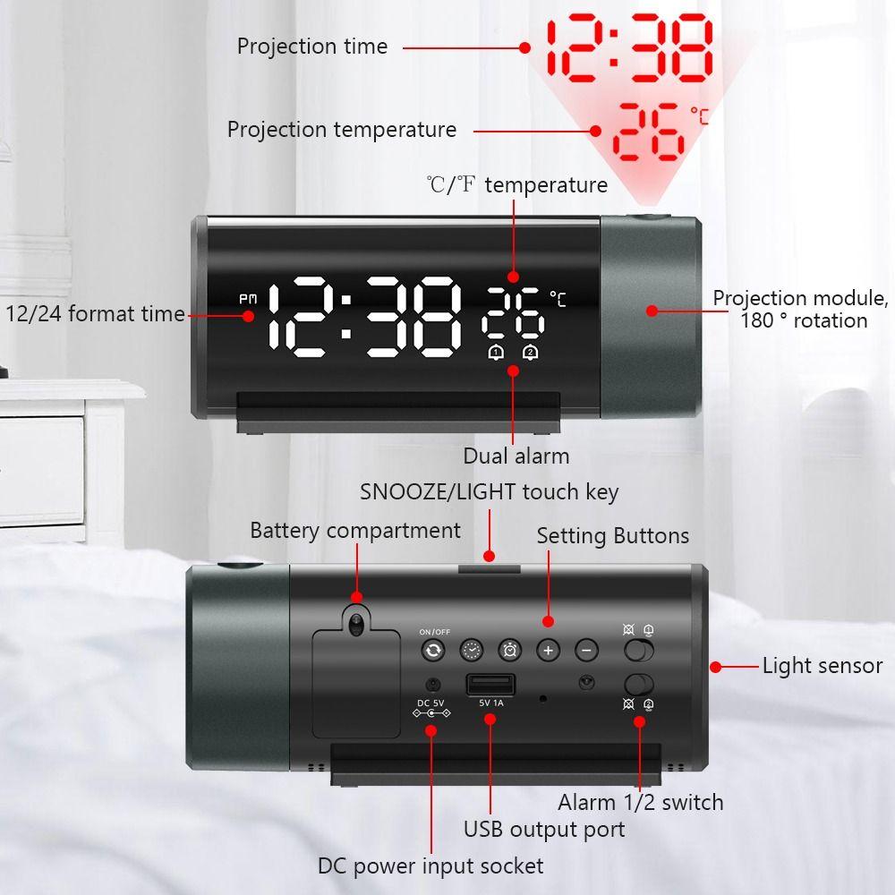 180° Rotatable Projection Digital Alarm Clock Brightness Dimmer Temperature Display Electronic Table Clock USB Snooze Function
