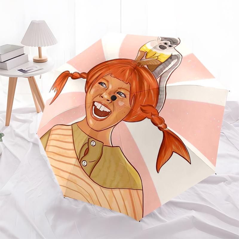 Pippi Longstocking Themed Travel Umbrella-8 Ribs Automatic Opening and Closing, Portable Folding Design, Compact and Stylish Umbrella Suitab