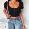 Butoni Top Crop de Vară Tricou Femei Corset Slim Tricou Tricotat Femeie Casual Basic Sexy Tricou Femeie