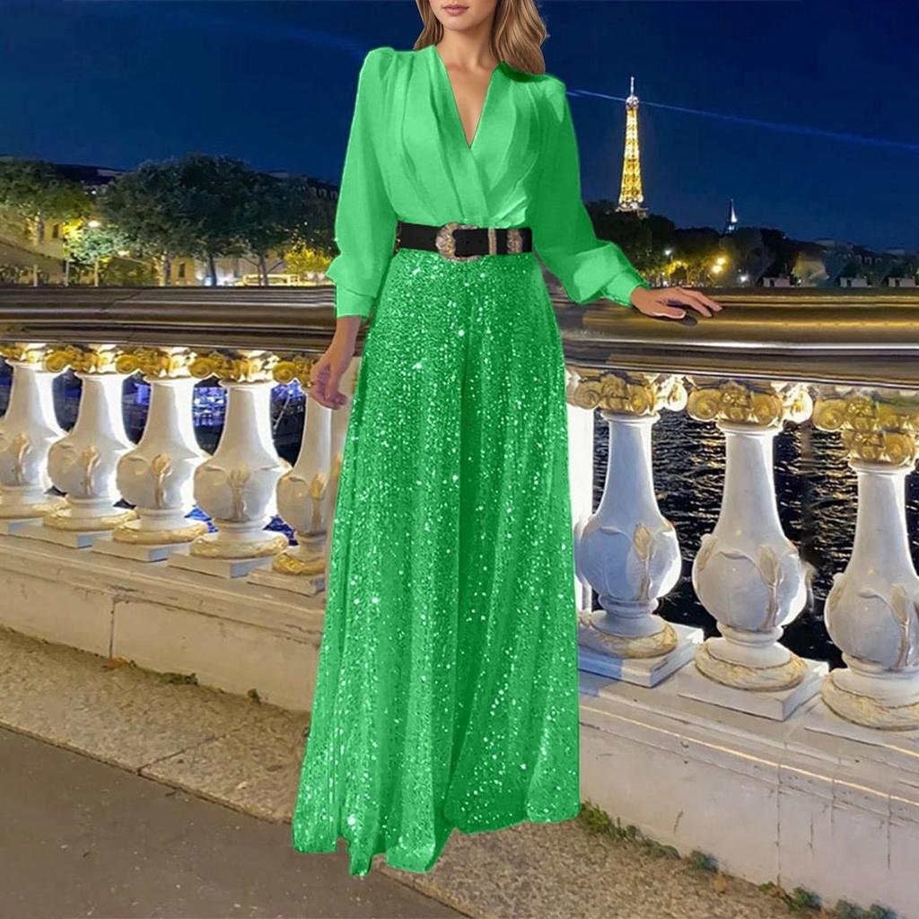 Blouse Fashion pour Femme à Col en V et Manches Longues Élégante et Gracieuse Taille Cintrée pour une Silhouette Flatteuse Combinaison à Jambes Larges Ornée de Sequins