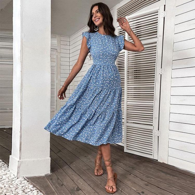 Chic Retro Women Sleeveless Floral Summer Dress High Waist A Line Midi Long Blue O Neck