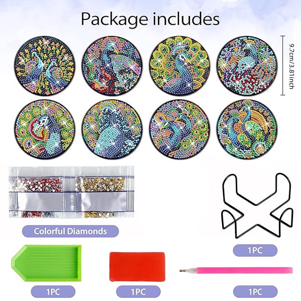 8 Stück/Set mit diamantbemalten Pfauen-Holzuntersetzern mit Klammern, DIY-Untersetzer für Anfänger und Erwachsene, Kunst- und Bastelbedarf, Geschenke