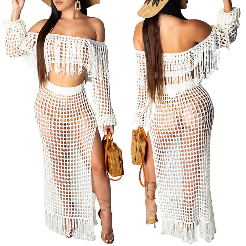Women Sexy Long Sleeve Tassels Hollow Out Blouse Tops+Slit Beach Skirt Suit Sets