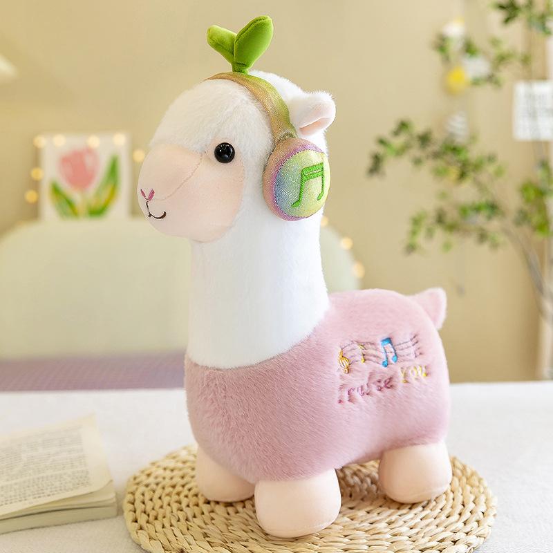 Headphones Alpaca Wear Plush Toy Soft Short Plush Stuffed Animal Home Decoration