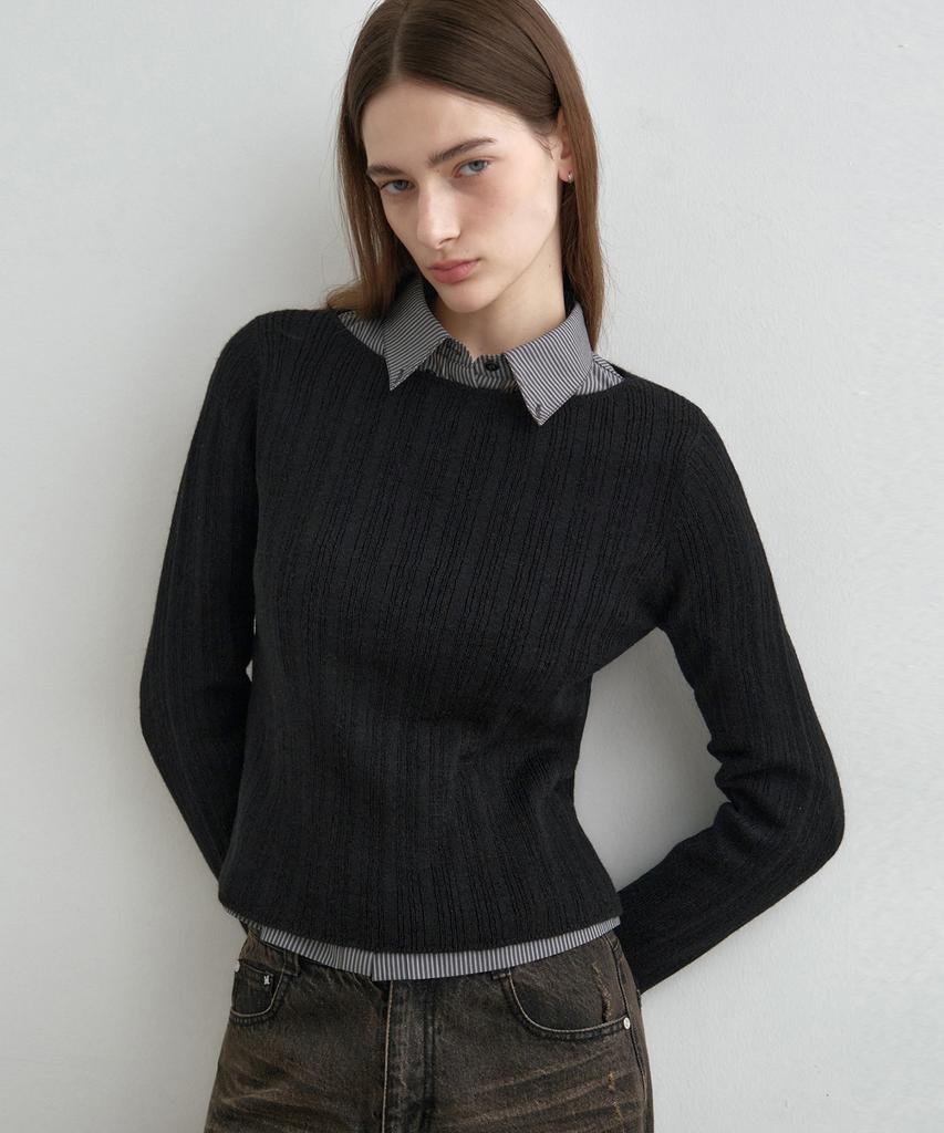 MONGDOL Boat Neck Alpaca Ribbed Knit Top Black Mdkt118Black