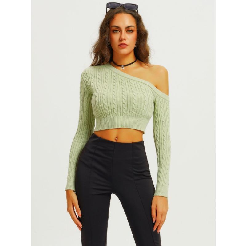 

Женский осенне-зимний трикотажный свитер прямого кроя с открытыми плечами и длинными рукавами, короткий пуловер XL светло-зеленый