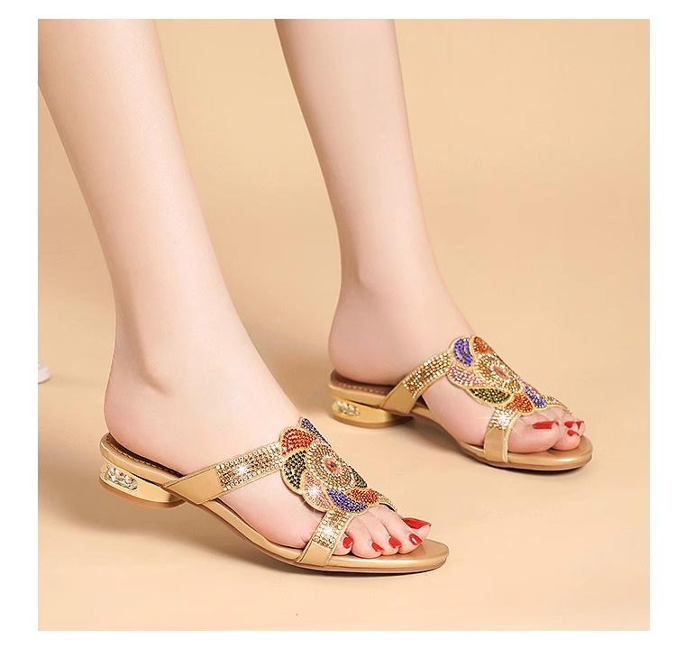 New Rhinestone Sandals Women's High-heeled Slippers Summer Thick Heel Diamond Crystal Versatile Middle Heel Fashion Outer Cool Slippers