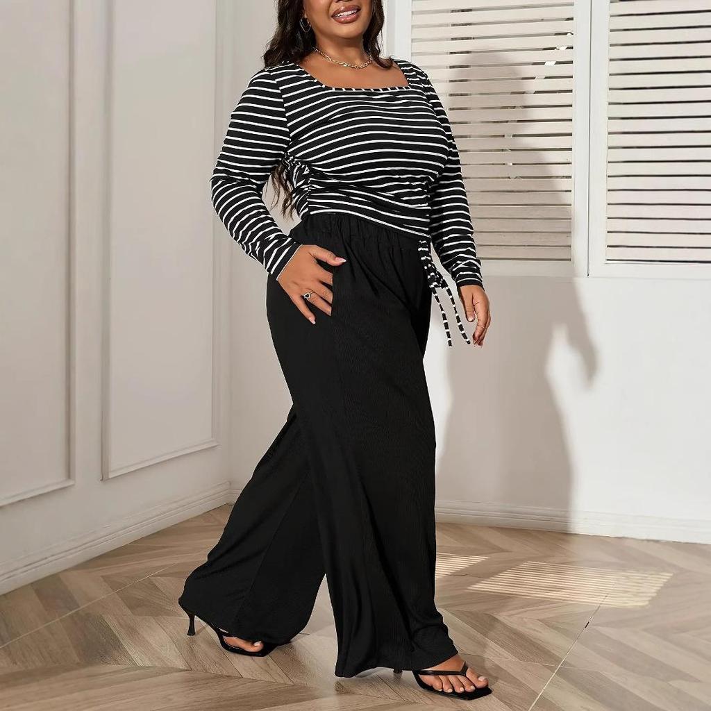 Women's Plus Size Casual Striped Long Sleeve Top Long Pants Suit