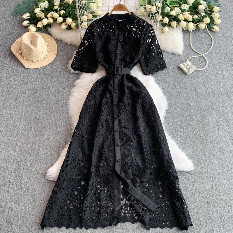 High-end temperament water-soluble lace stand-up collar short-sleeved dress women's summer new single-breasted waist and thin skirt