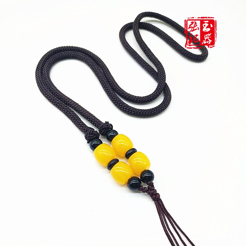 Ethnic Style Silk Thread Necklace Rope with Jade and Amber Beads Rope