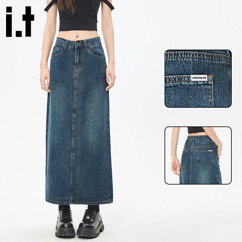Women s High-Waist Slit Denim Midi Skirt L