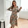 YYFS Women's Vintage Floral Print Long Sleeve Square Collar Casual Dresses