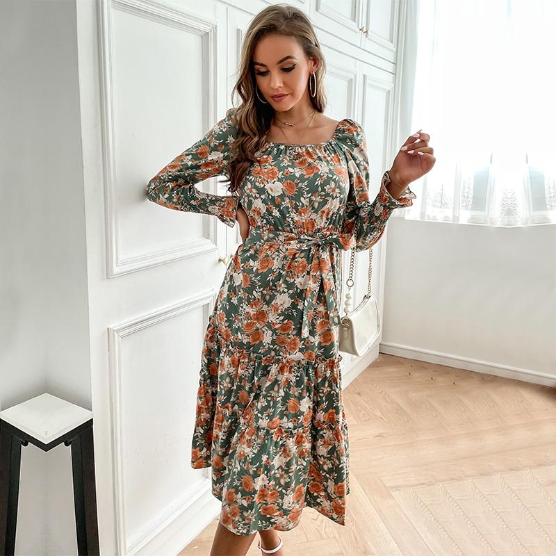 YYFS Women's Vintage Floral Print Long Sleeve Square Collar Casual Dresses