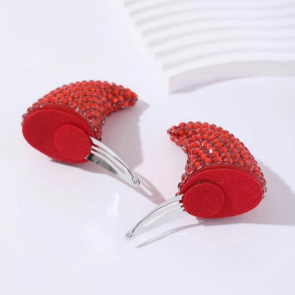 2pcs Red Resin Horn Hair Clips Adorned With Red Rhinestones, Perfect For Parties, Gatherings, And Festive Occasions
