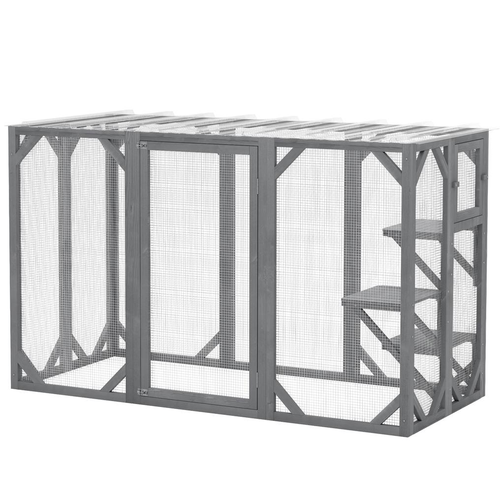 71" Outdoor Wooden Cat House with Three Platforms, Large Door, Water-Resistant Roof, for Multiple Cats, Grey