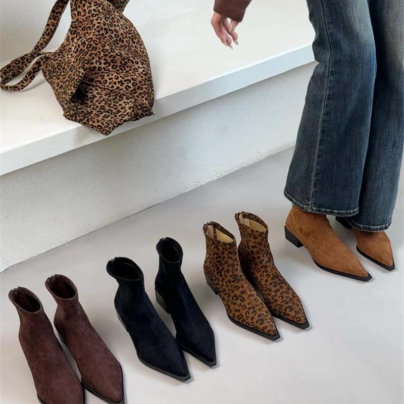 Leopard print pointed head thick heel suede short boots women's fashion versatile winter new sexy babes thin boots