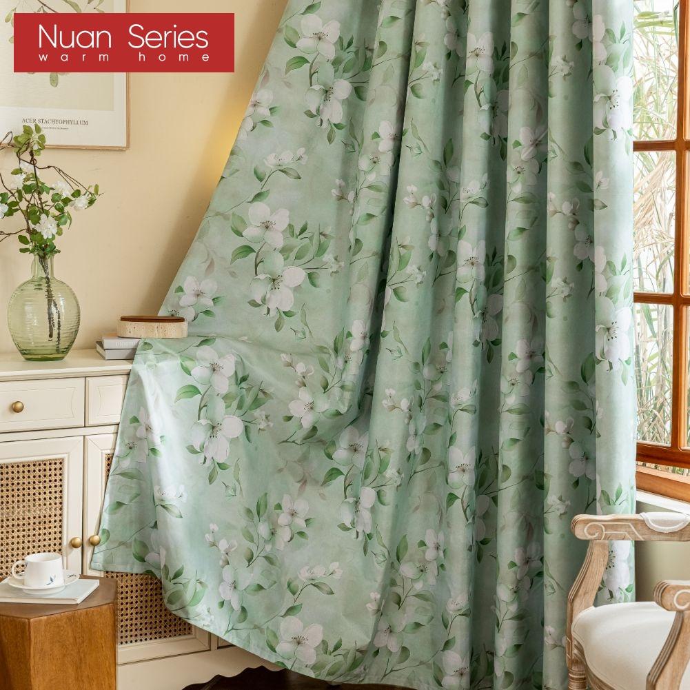 1PC Nuan Series Nordic Countryside Style Green Printed Curtains with Full Blackout Curtains for Bedroom Living Room Balcony Window for Home Decor