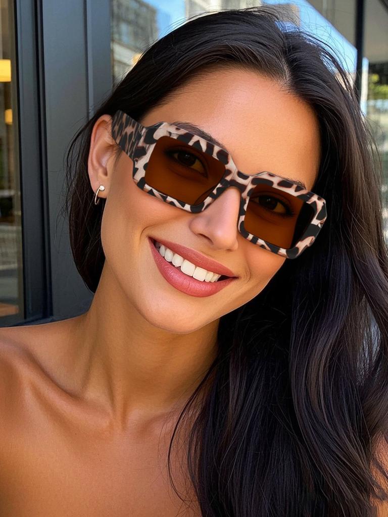 1Pc Retro Stylish Rectangular Frame Sunglasses Leopard Print Frame Brown Lenses Fashion Accessories Outdoor Camping Driving