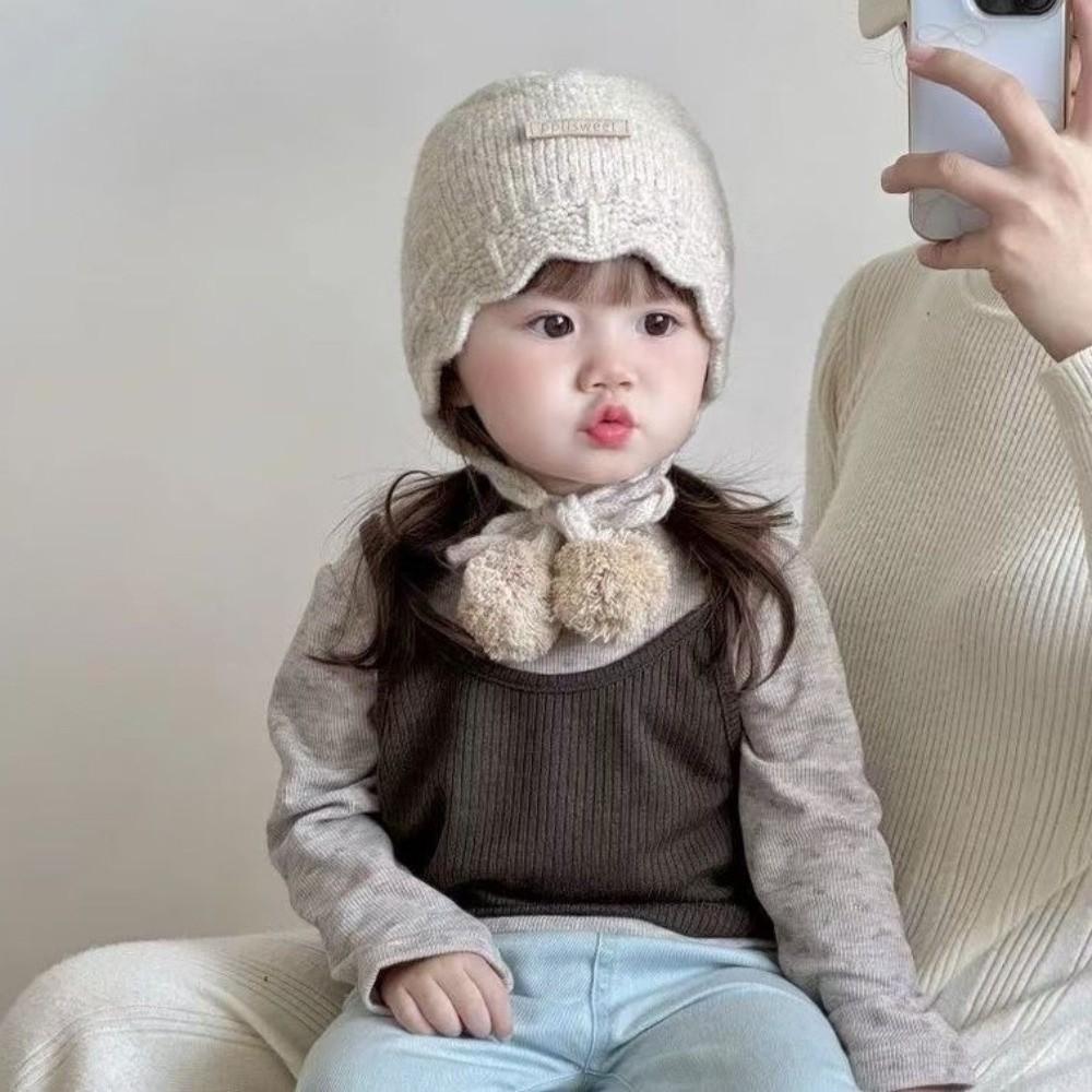 Pompom Baby Knit Hat Ear Protection Lacing Bonnet Soft Earflap Hats For Kids