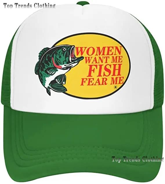Custom Bass Fishing Unisexs Trucker Hat Mesh Cap Women Want Me Fish Fear Me Baseball Cap FisherUnisex Fish Gift for Hunting Fishing