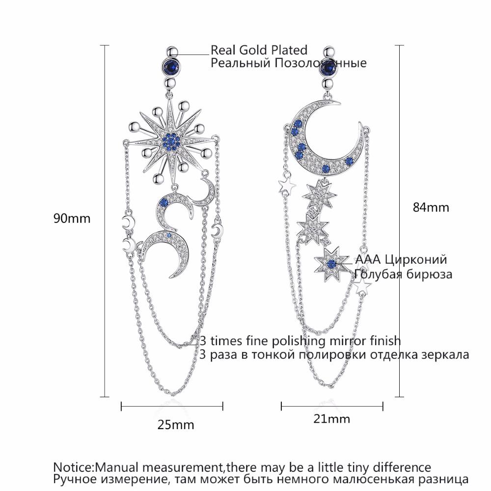 LUOTEEMI Brand New Authentic Crescent Half Moon & Star Dazzling Blue CZ Tassel Chains Drop Earrings for Women Jewellery Bijoux