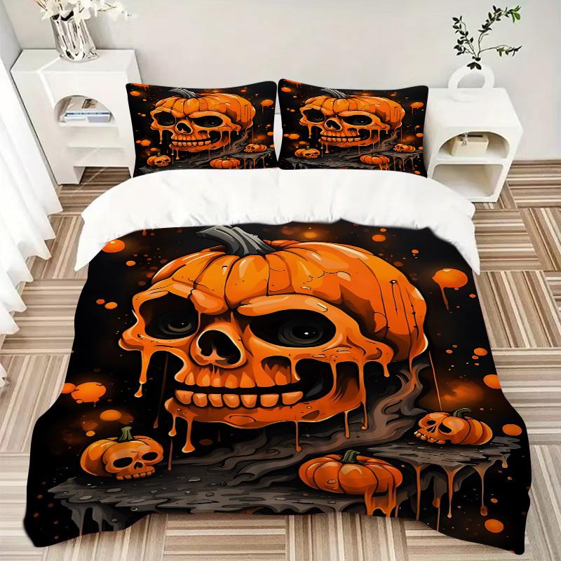 3pcs Halloween Pumpkin Skull Duvet Cover Set - Machine Washable, Includes 1 Cover and 2 Pillowcases, No Core Included yy251013120