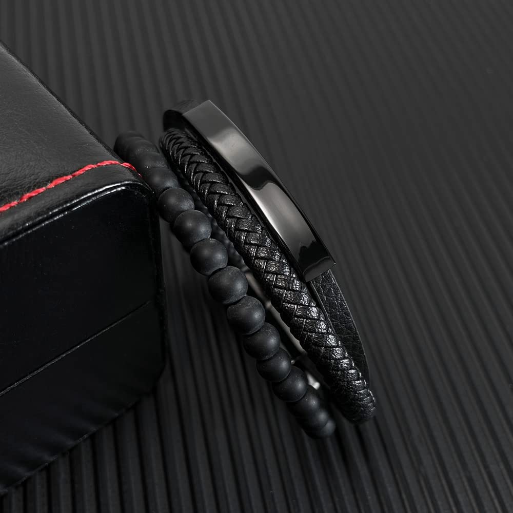 Pulseira Masculina de Couro Preto Rockyu com Contas de Oração, Pulseira Multi-Voltas, Perfeita para Presentes de Aniversário