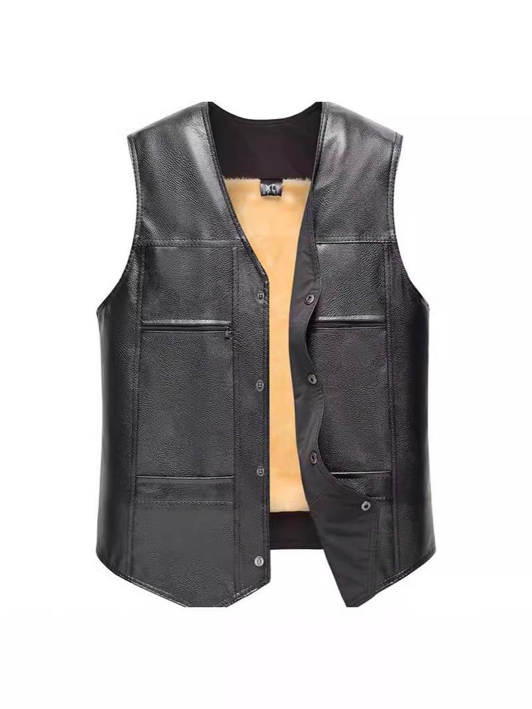 Men's Winter Leather Vest with Sloping Shoulder and Plus Velvet, Casual Warm Plus Size Waistcoat