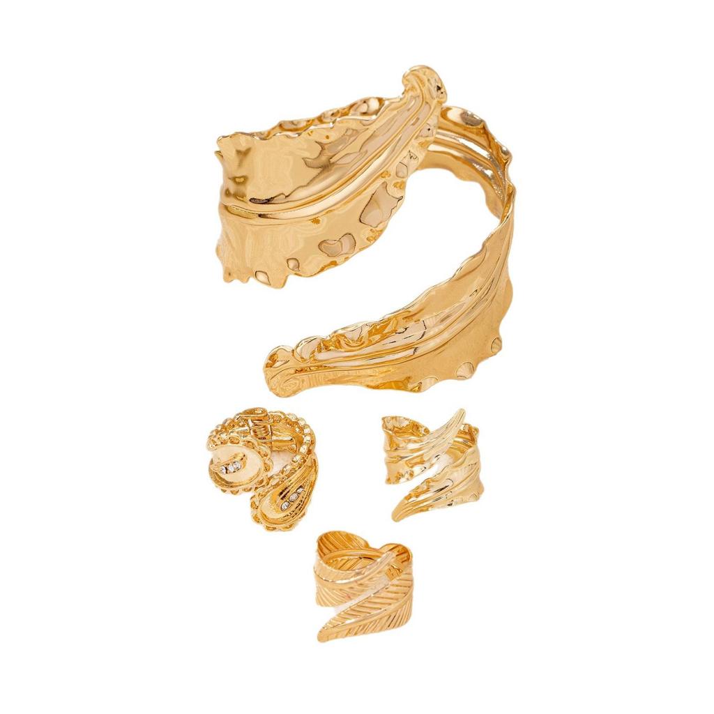 Retro Gold Pleated Leaf Bangle & Adjustable Spiral Ring Set
