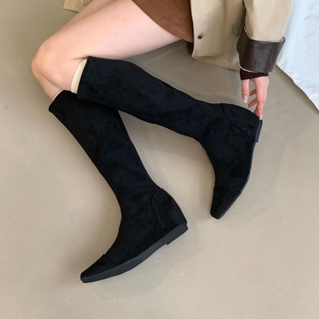2025 new autumn suede round head inner slope heel thin but knee knight tall women's boots