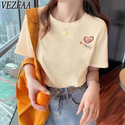 VEZFAA Damen Mode Lässig Liebesbrief Druck Sommer Frühling Kurzarm Rundhals Blusen & Hemden