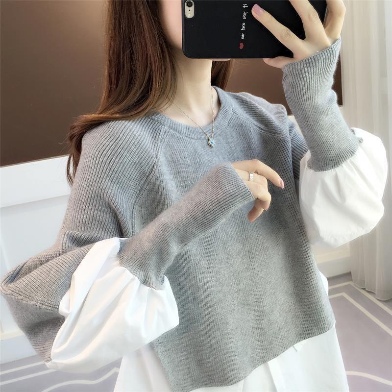 Knitted Sweater Fake Two Pieces Women's Autumn and Winter New Lazy Wind Splicing Sweater Loose Fashion Top