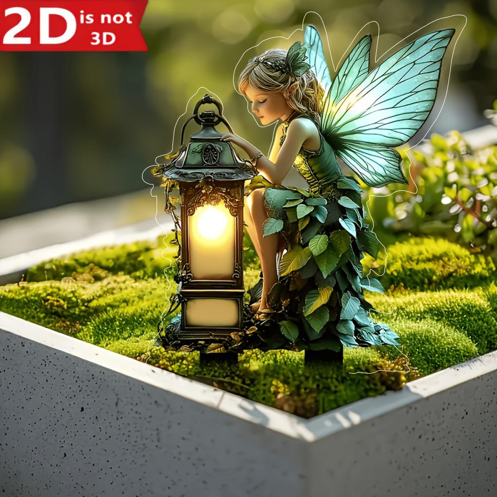 2D Flat, Angel Fairy Garden Plug - 2D Flat Decoration with Lanterns and Green Plants, 3mm Thick Decoration, Suitable for Flower Pots, Lawns, Gardens