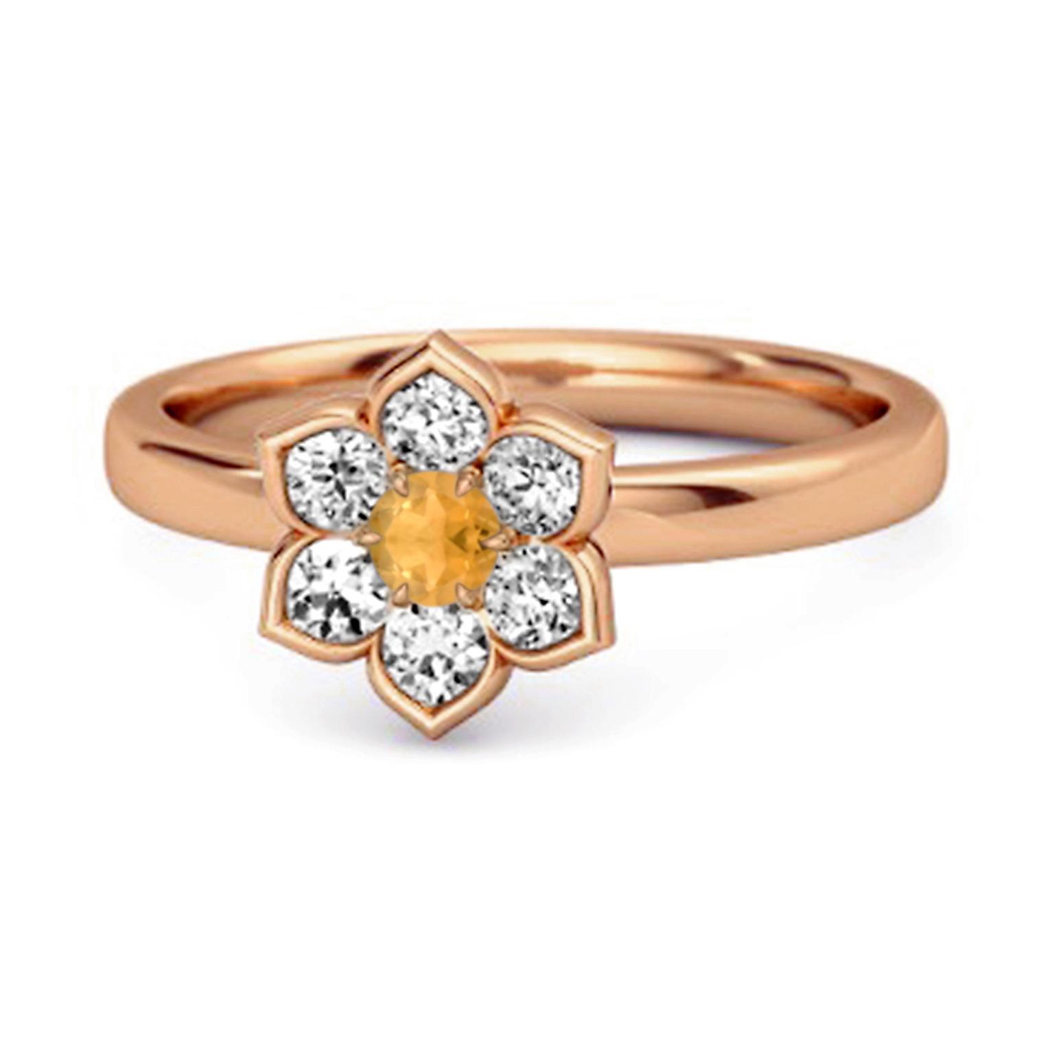 

Citrine Floral White Accents Halo Ring - 925 Sterling Silver Rose Gold Vermeil 12 Яскраво-рожевий