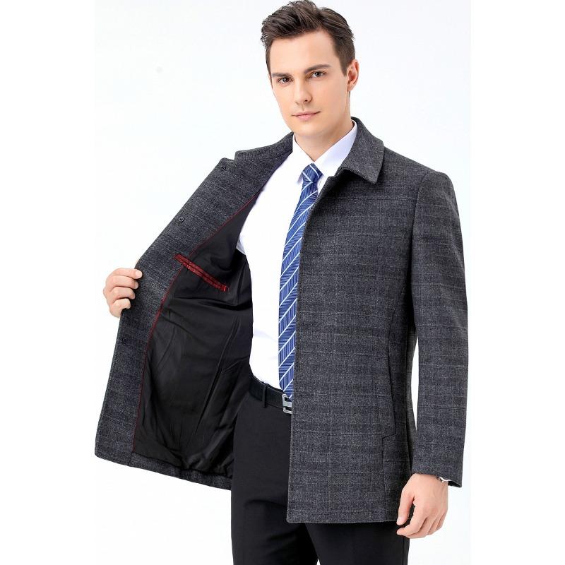 Herren mittellanger Windbreaker einreihiger Wollmantel Revers Karomuster Wintermittelalter Freizeitmantel