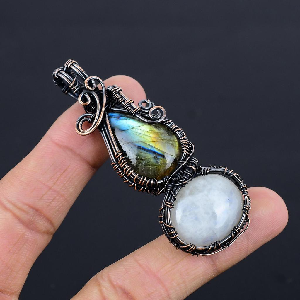 Labradorite & Moonstone Pendant, Handmade Gemstone 999 Copper Wire Wrapped Pendant Antique Jewelry, For Gift Silver Jewelry