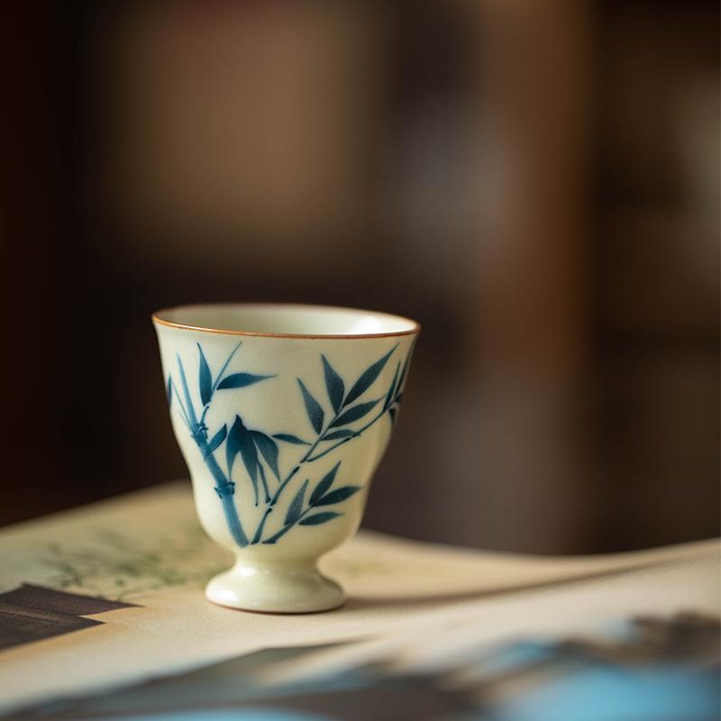 Huang Ru Kiln pure hand-painted bamboo teacup master cup ceramic high-end tea teapot cover bowl tea cup kung fu tea set
